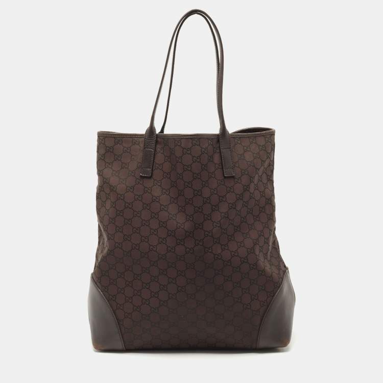 Pre Owned Gucci Dark Brown Canvas And Leather Large Shopping Tote