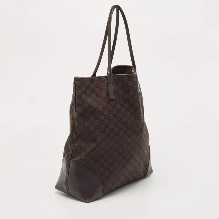 Pre Owned Gucci Dark Brown Canvas And Leather Large Shopping Tote
