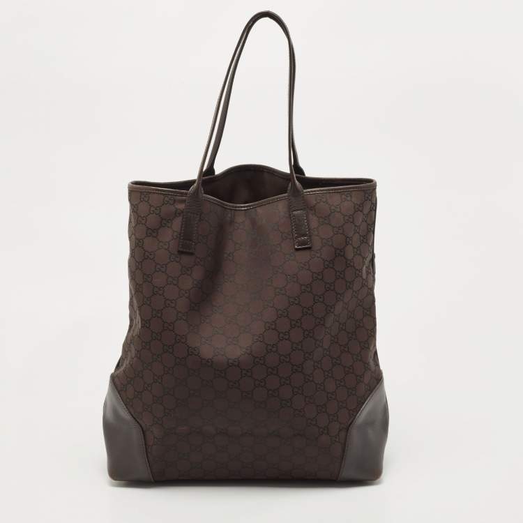Pre Owned Gucci Dark Brown Canvas And Leather Large Shopping Tote