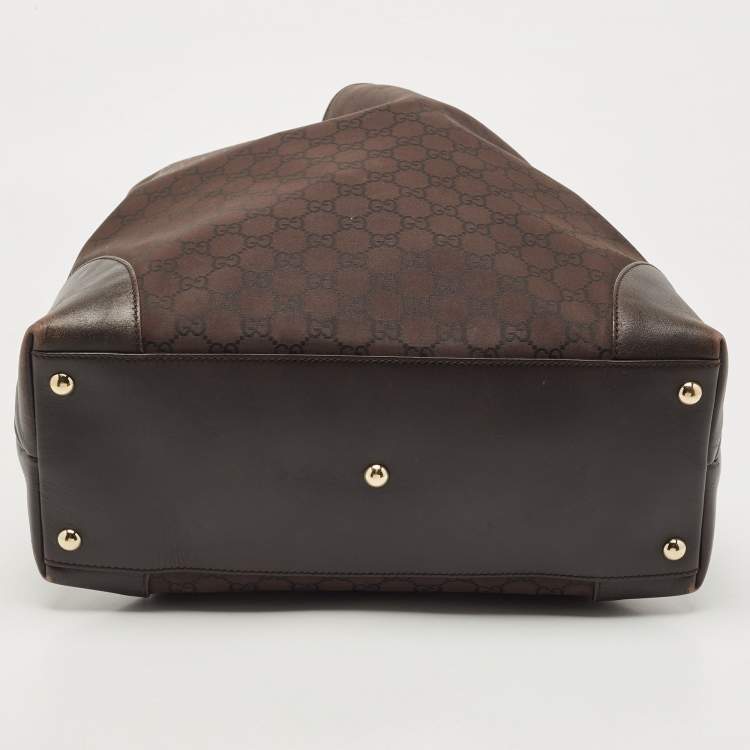 Pre Owned Gucci Dark Brown Canvas And Leather Large Shopping Tote