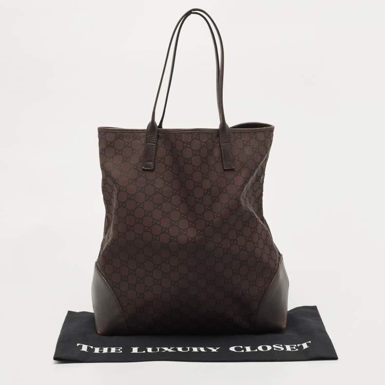 Pre Owned Gucci Dark Brown Canvas And Leather Large Shopping Tote
