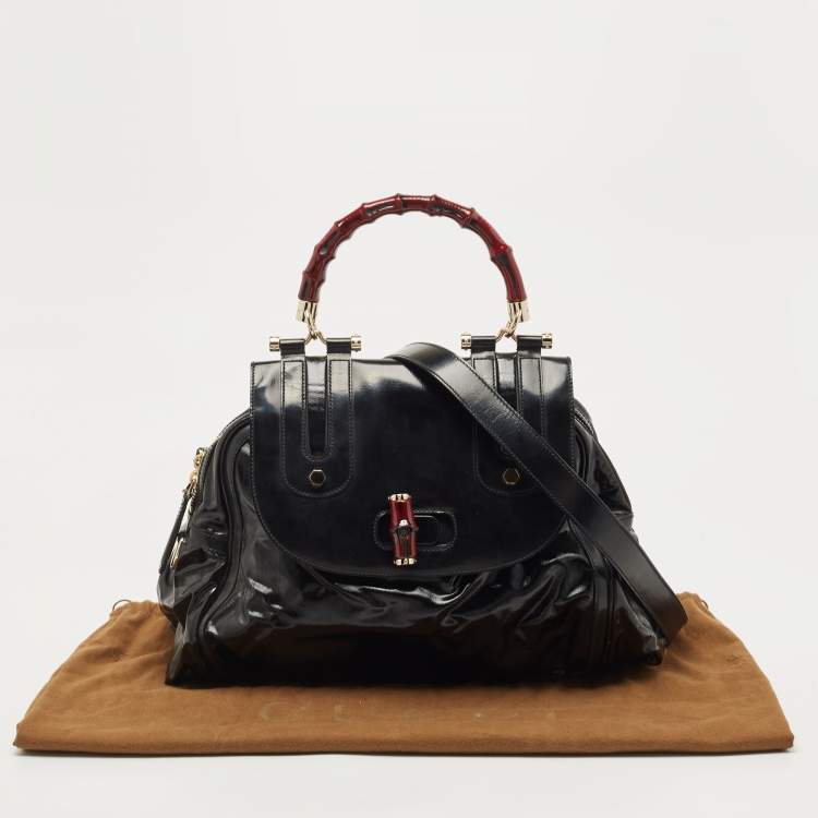 Pre Owned Gucci Black Coated Nylon and Leather Dialux Pop Bamboo Top Handle Bag