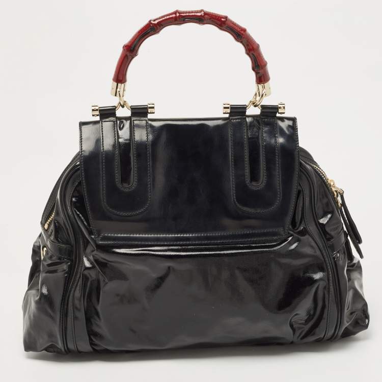 Pre Owned Gucci Black Coated Nylon and Leather Dialux Pop Bamboo Top Handle Bag