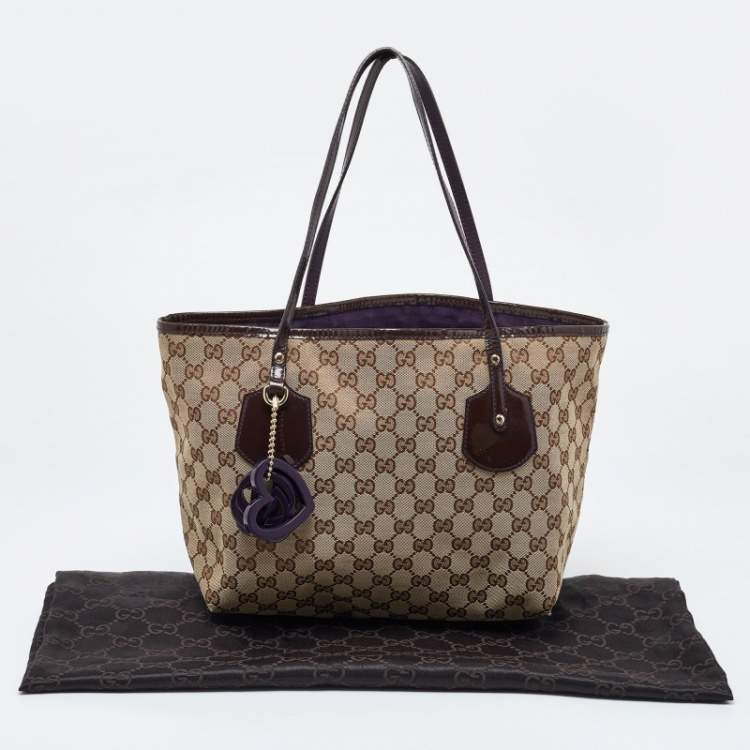 Pre Owned Gucci Beige/Brown GG Canvas and Patent Leather Small Jolie Web Charms Tote