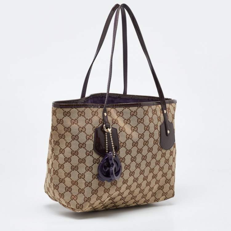 Pre Owned Gucci Beige/Brown GG Canvas and Patent Leather Small Jolie Web Charms Tote