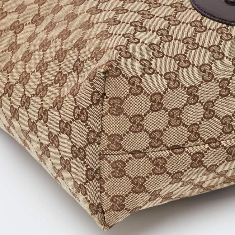 Pre Owned Gucci Beige/Brown GG Canvas and Patent Leather Small Jolie Web Charms Tote