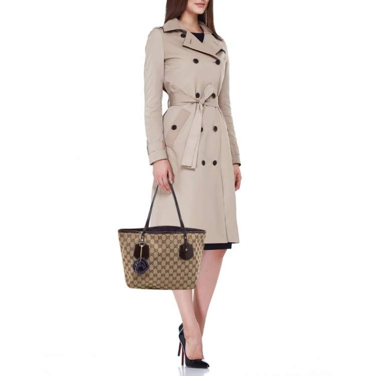 Pre Owned Gucci Beige/Brown GG Canvas and Patent Leather Small Jolie Web Charms Tote