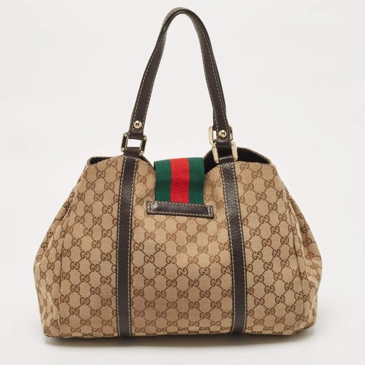 Pre Owned Gucci Beige/Brown GG Canvas and Leather Large New Ladies Web Hobo