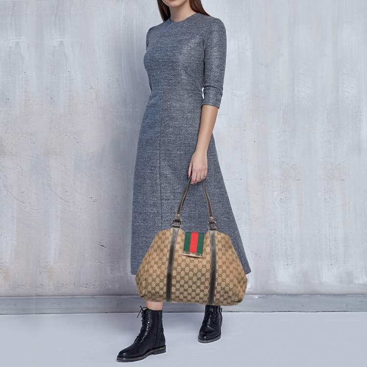 Pre Owned Gucci Beige/Brown GG Canvas and Leather Large New Ladies Web Hobo