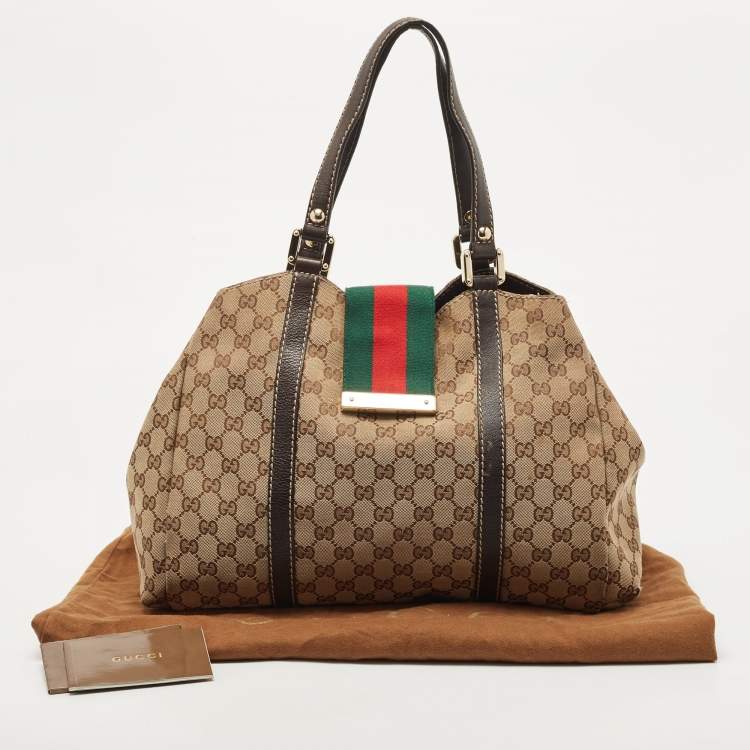 Pre Owned Gucci Beige/Brown GG Canvas and Leather Large New Ladies Web Hobo