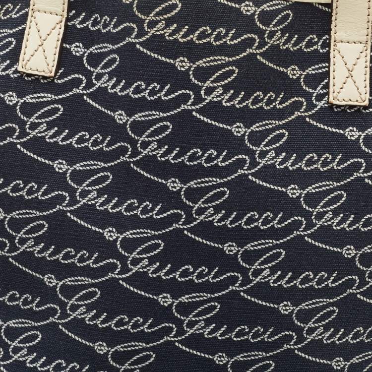 Pre Owned Gucci Off White/Blue Signature Print Canvas Large Shopper Tote