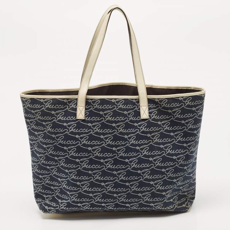 Pre Owned Gucci Off White/Blue Signature Print Canvas Large Shopper Tote