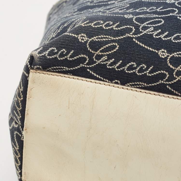 Pre Owned Gucci Off White/Blue Signature Print Canvas Large Shopper Tote