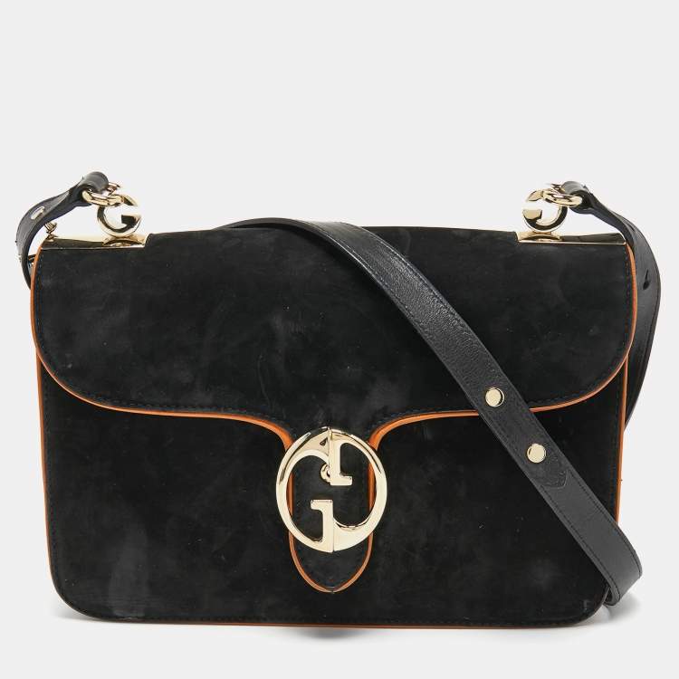 Pre Owned Gucci Black Suede and Leather 1973 Flap Shoulder Bag