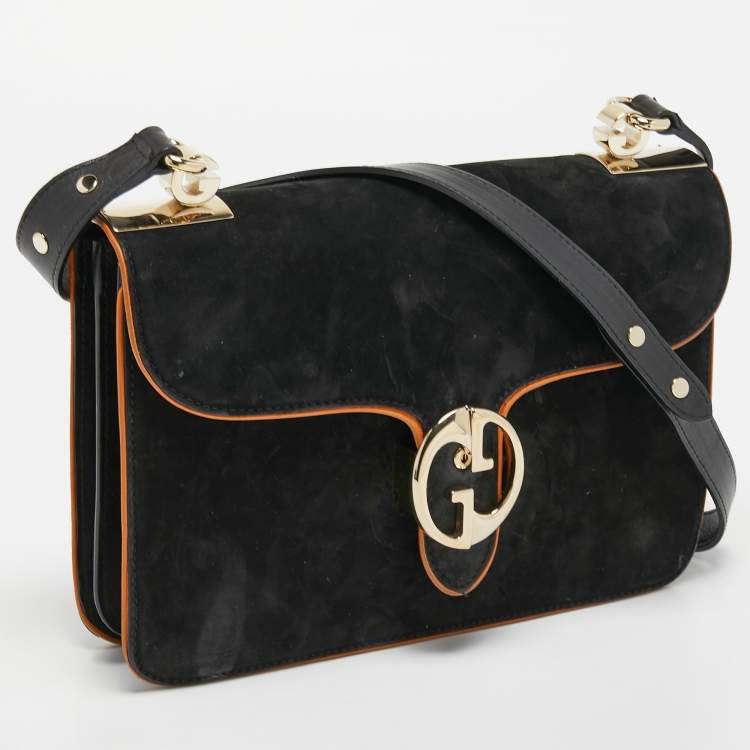 Pre Owned Gucci Black Suede and Leather 1973 Flap Shoulder Bag