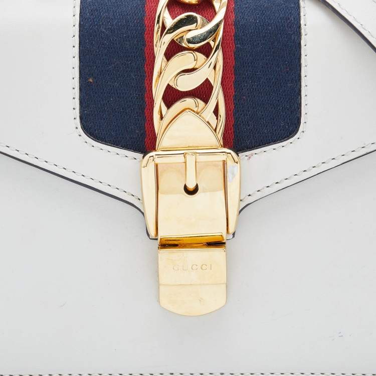 Pre Owned Gucci Off White Leather Mini Web Sylvie Top Handle Bag