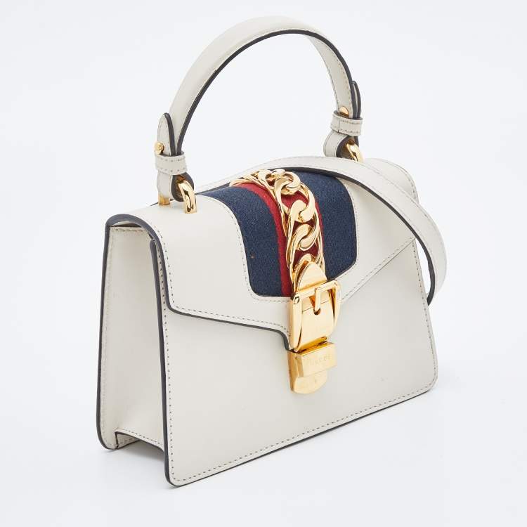 Pre Owned Gucci Off White Leather Mini Web Sylvie Top Handle Bag