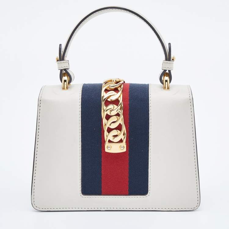 Pre Owned Gucci Off White Leather Mini Web Sylvie Top Handle Bag