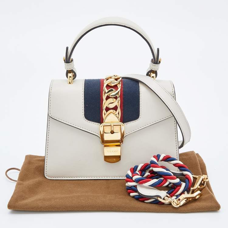 Pre Owned Gucci Off White Leather Mini Web Sylvie Top Handle Bag