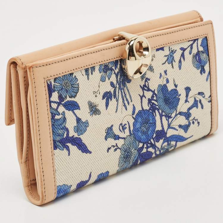 Pre Owned Gucci Blue/Beige Floral Print Canvas and Leather Wave Continental Wallet