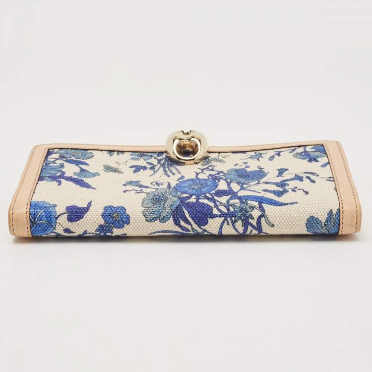 Pre Owned Gucci Blue/Beige Floral Print Canvas and Leather Wave Continental Wallet