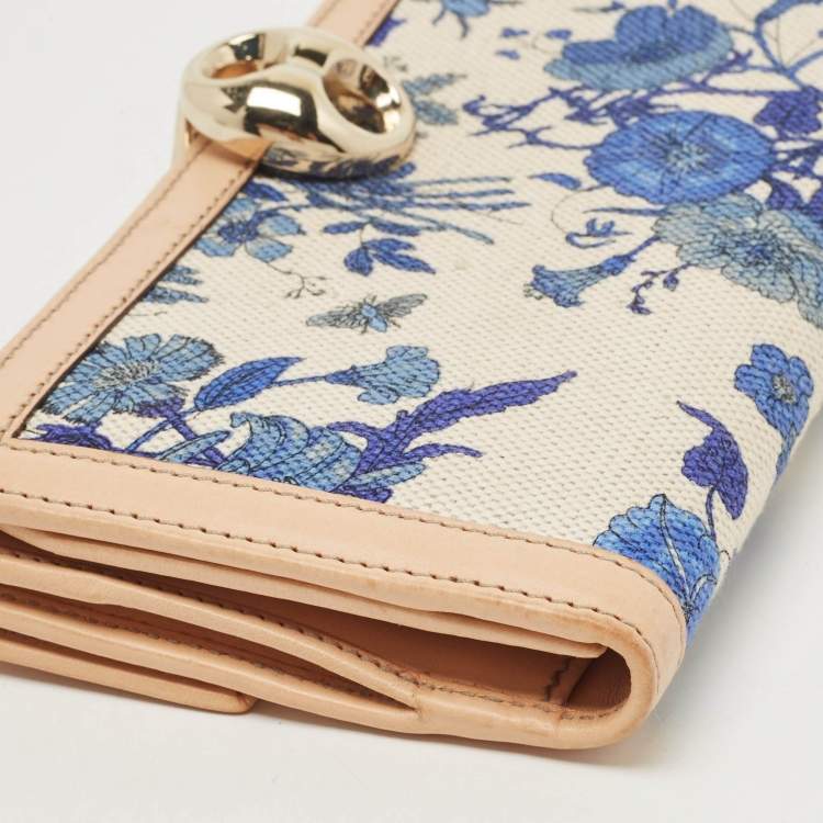 Pre Owned Gucci Blue/Beige Floral Print Canvas and Leather Wave Continental Wallet