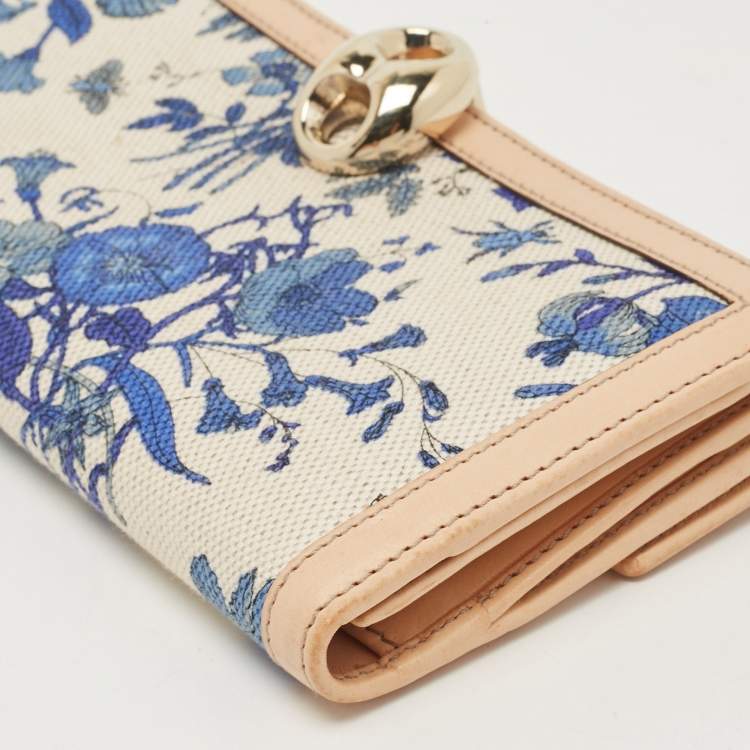 Pre Owned Gucci Blue/Beige Floral Print Canvas and Leather Wave Continental Wallet