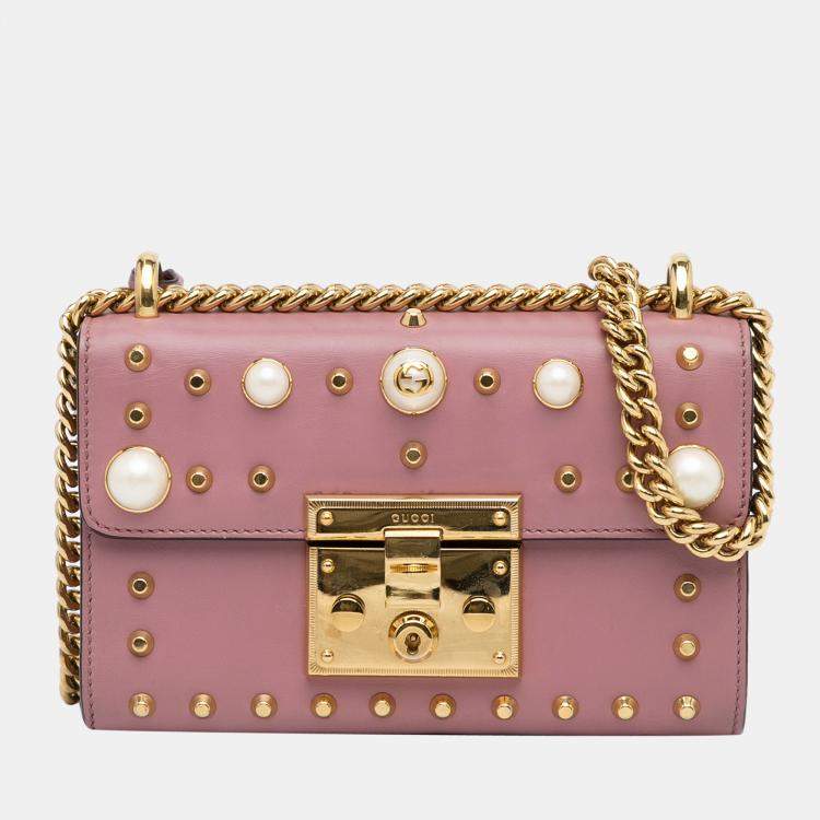 Gucci Padlock Gg Pearl Studded Pink Leather Cross Body Bag