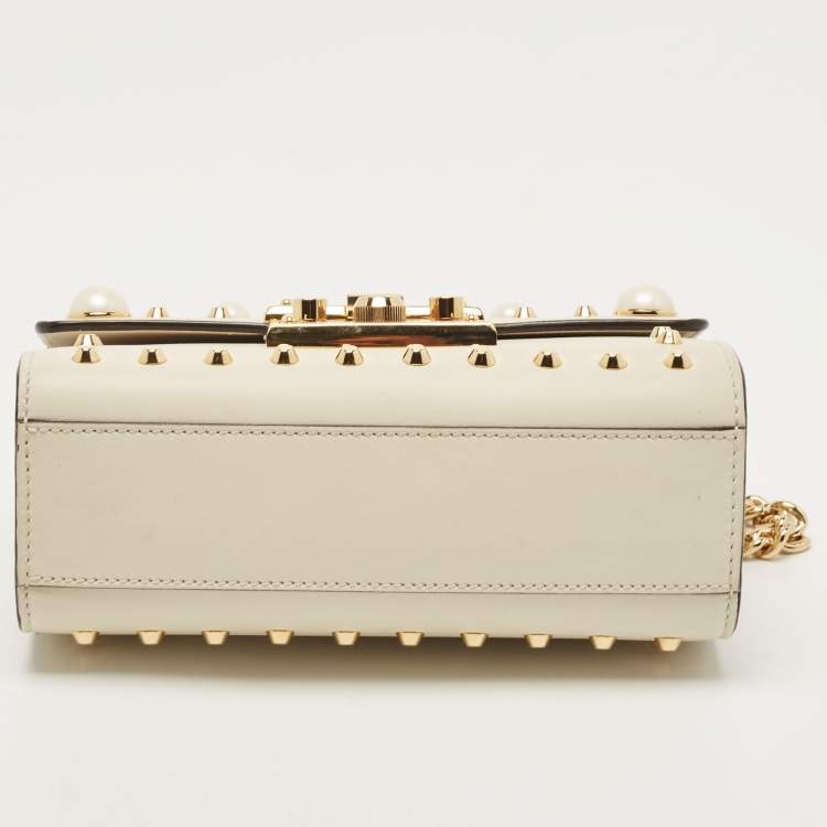 Pre Owned Gucci Off White Leather Small Pearl Studded Padlock Shoulder Bag