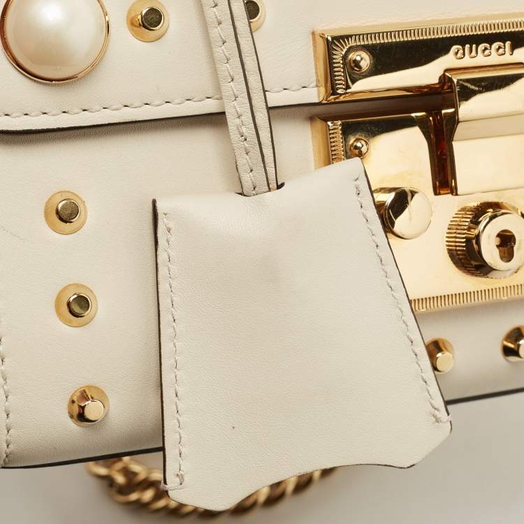 Pre Owned Gucci Off White Leather Small Pearl Studded Padlock Shoulder Bag