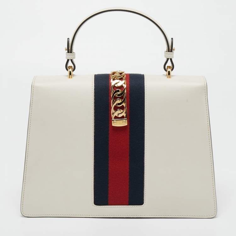 Pre Owned Gucci White Floral Sequins Patch Leather Medium Sylvie Top Handle Bag