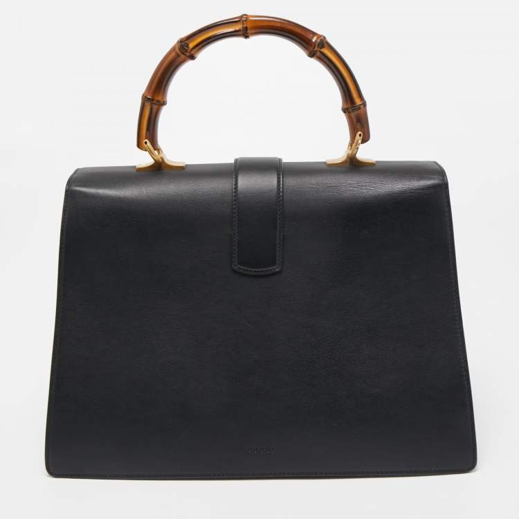 Pre Owned Gucci Black Leather Large Dionysus Bamboo Top Handle Bag