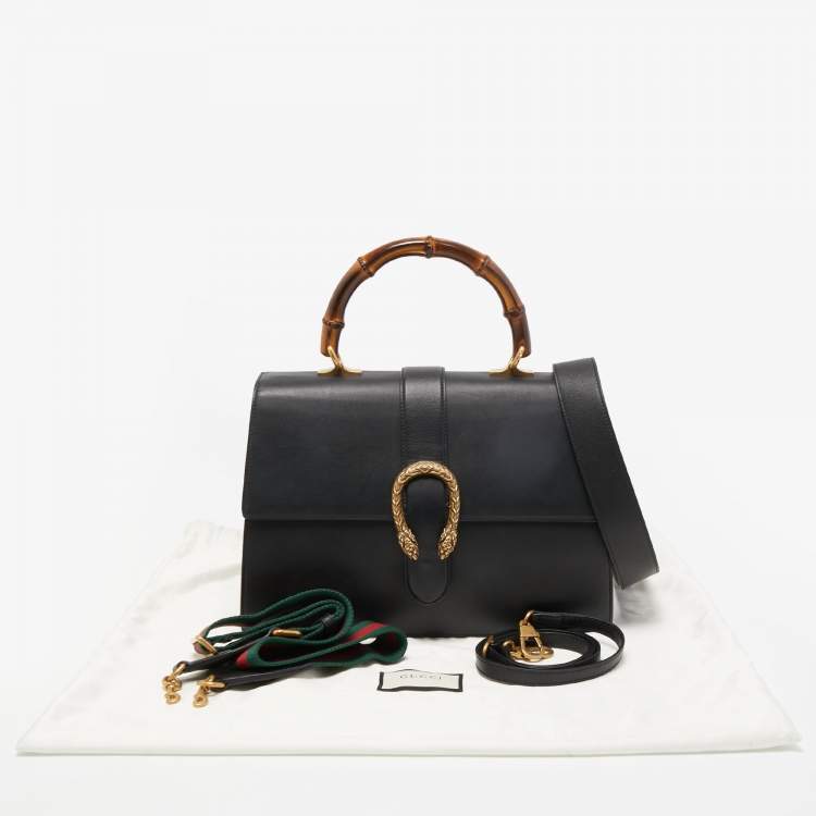 Pre Owned Gucci Black Leather Large Dionysus Bamboo Top Handle Bag