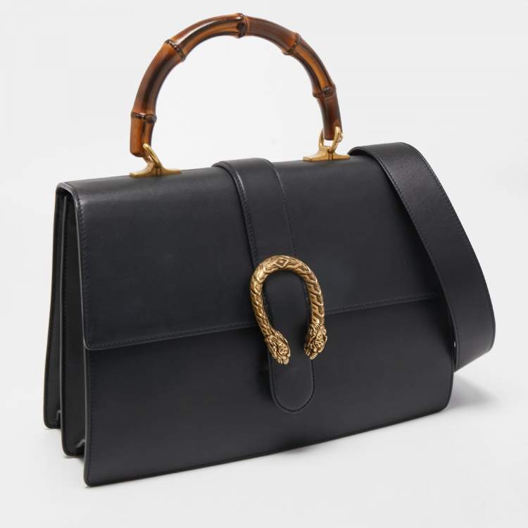 Pre Owned Gucci Black Leather Large Dionysus Bamboo Top Handle Bag