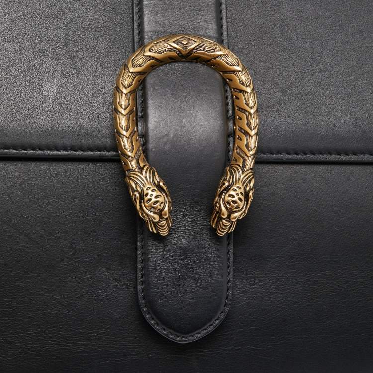Pre Owned Gucci Black Leather Large Dionysus Bamboo Top Handle Bag