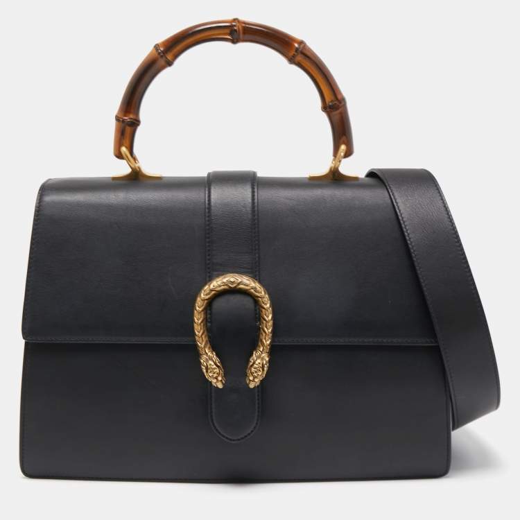 Pre Owned Gucci Black Leather Large Dionysus Bamboo Top Handle Bag