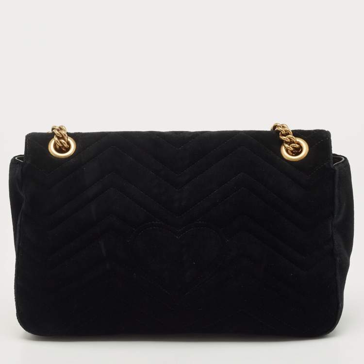 Pre Owned Gucci Black Love Embroidered Matelassé Velvet Medium GG Marmont Shoulder Bag