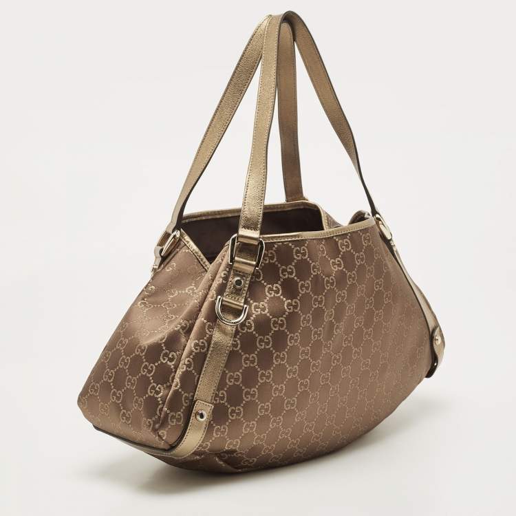 Pre Owned Gucci Brown/Gold GG Canvas and Leather Medium Abbey Hobo