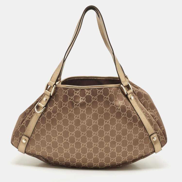 Pre Owned Gucci Brown/Gold GG Canvas and Leather Medium Abbey Hobo