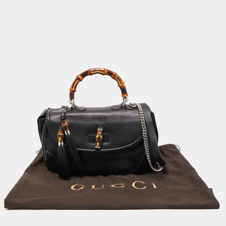 Pre Owned Gucci Black Leather Large New Bamboo Tassel Top Handle Bag