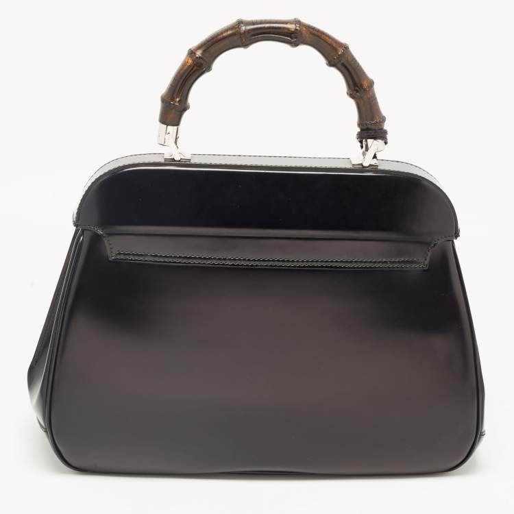 Pre Owned Gucci Black Patent Leather Large Lady Lock Bamboo Top Handle Bag