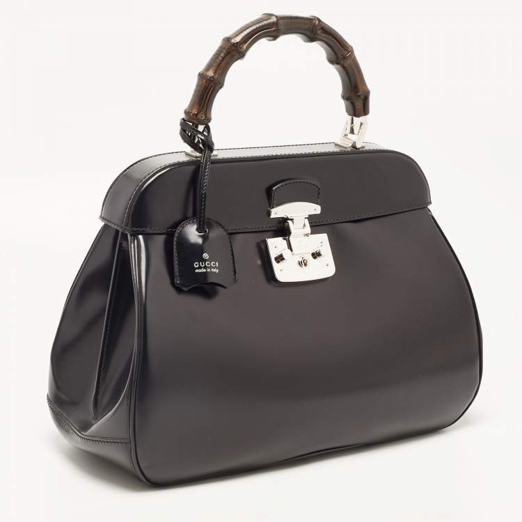 Pre Owned Gucci Black Patent Leather Large Lady Lock Bamboo Top Handle Bag