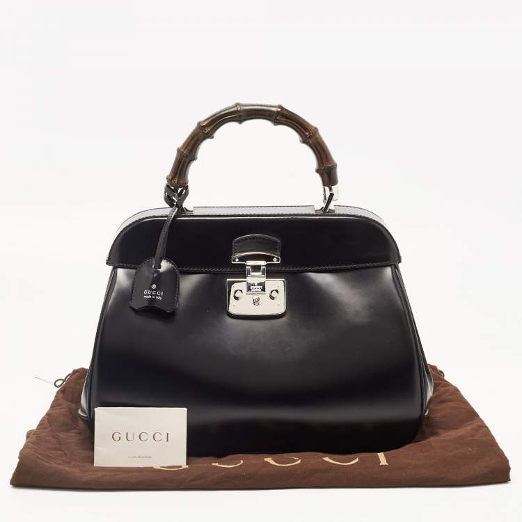 Pre Owned Gucci Black Patent Leather Large Lady Lock Bamboo Top Handle Bag