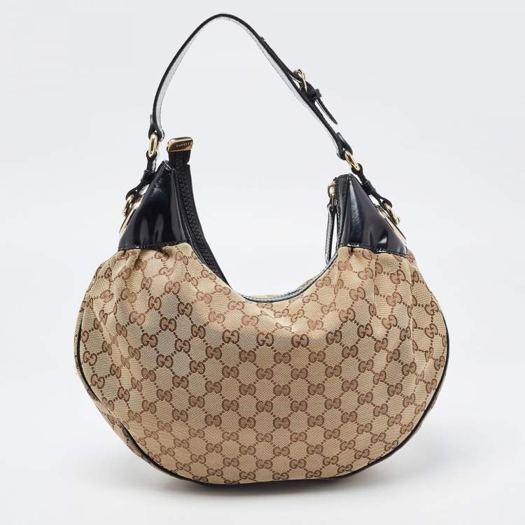 Pre Owned Gucci Beige/Black GG Canvas and Patent Leather Medium Full Moon Hobo