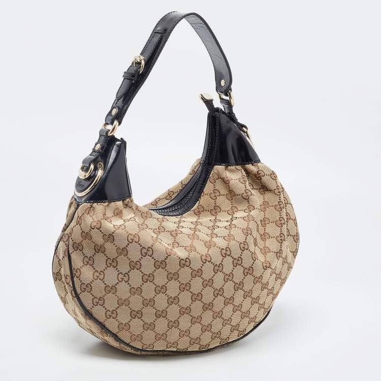 Pre Owned Gucci Beige/Black GG Canvas and Patent Leather Medium Full Moon Hobo