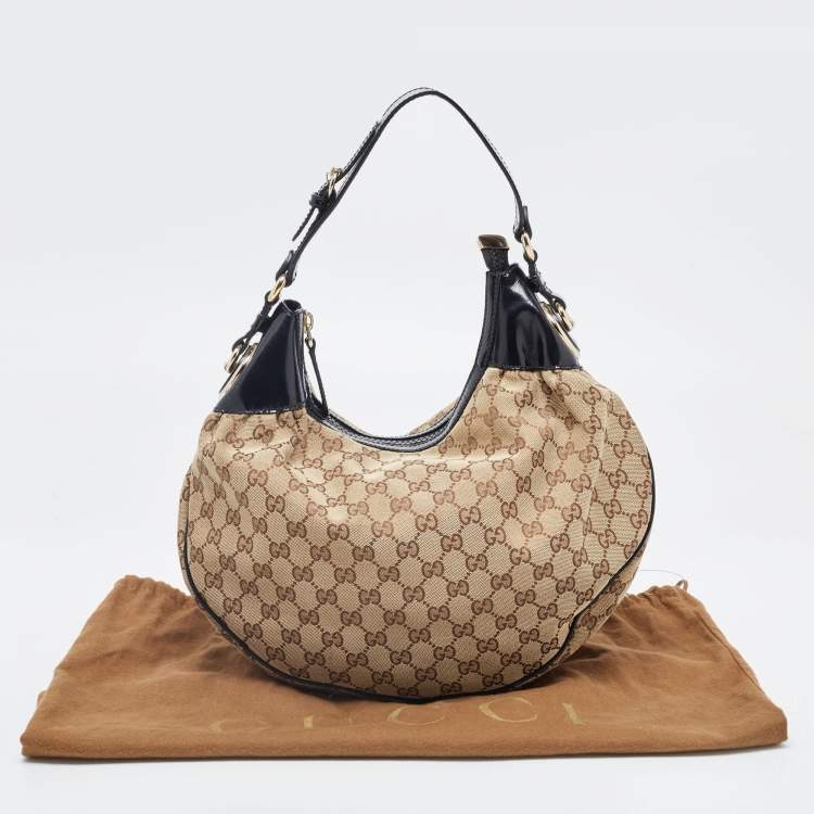 Pre Owned Gucci Beige/Black GG Canvas and Patent Leather Medium Full Moon Hobo