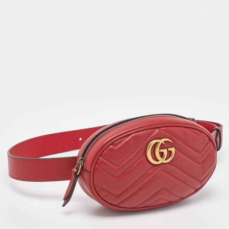 Pre Owned Gucci Red Matelassé Leather GG Marmont Belt Bag