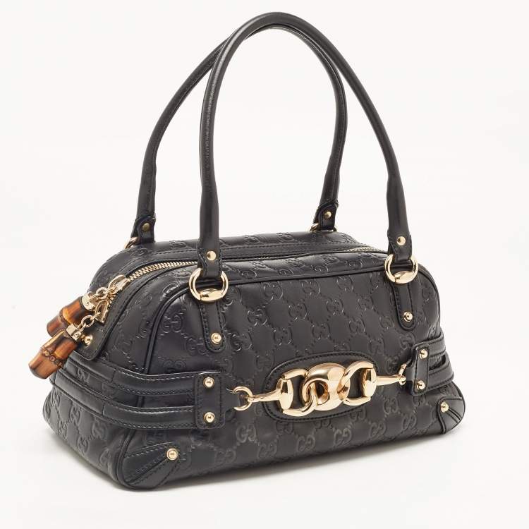 Pre Owned Gucci Black Leather Guccissima Horsebit Wave Boston Bag