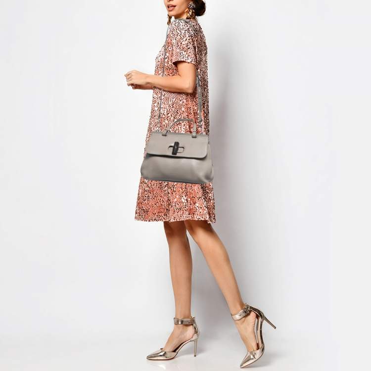 Pre Owned Gucci Grey Leather Small Bamboo Daily Top Handle Bag