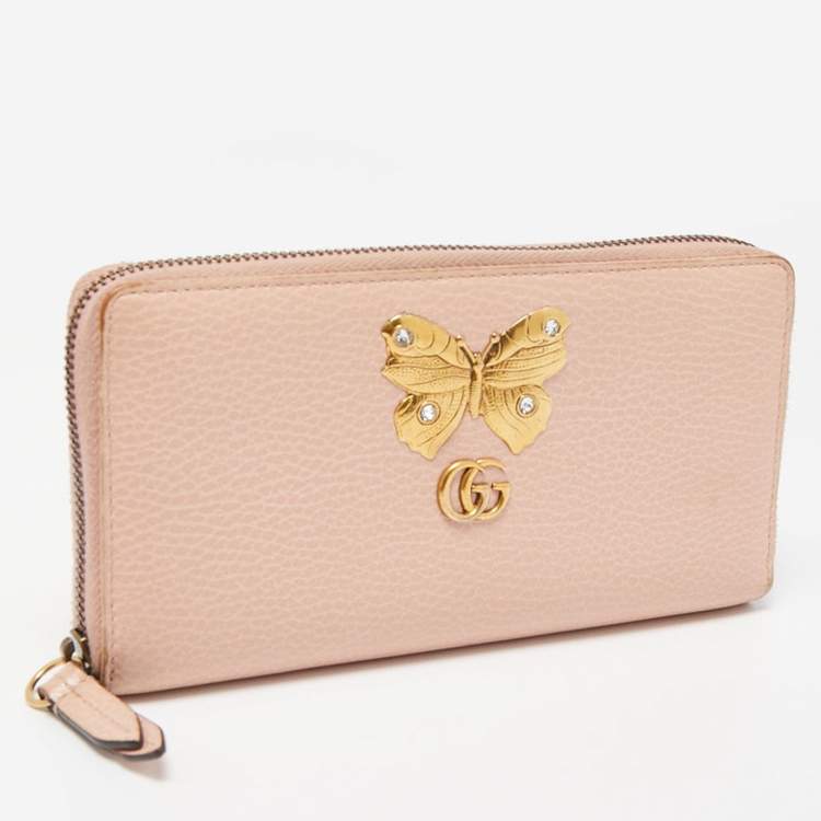 Pre Owned Gucci Light Pink Leather GG Butterfly Zip Around Continental Wallet
